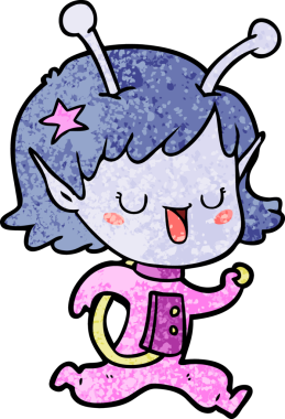 Bir insan tarafından çizilmiş mutlu uzaylı kız çizgi filmi.