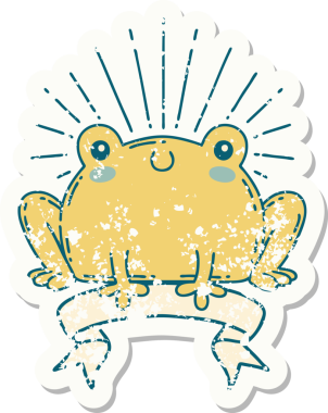 Dövme stili eski bir çıkartma. Bir insan tarafından çizilmiş mutlu kurbağa.