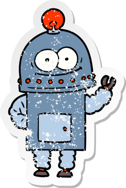 Bir insan tarafından çizilmiş ampullü mutlu bir robot çıkartması.