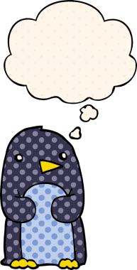 Çizgi roman tarzında bir insan tarafından çizilmiş düşünce baloncuğu olan penguen.