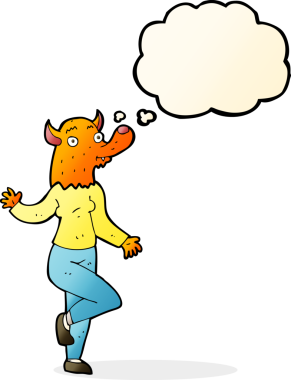 Bir insan tarafından çizilmiş düşünce balonlu dans eden tilki kadın.