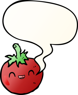 Bir insan tarafından çizilmiş, konuşma baloncuklu şirin bir domates.