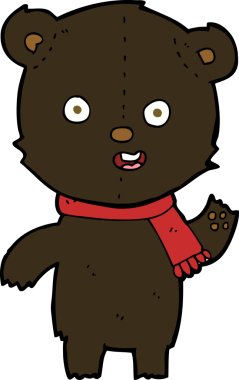 Bir insan tarafından çizilmiş eşarplı siyah ayı yavrusunu sallayan çizgi film