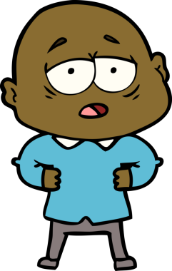 Bir insan tarafından çizilmiş yorgun, kel bir adam.