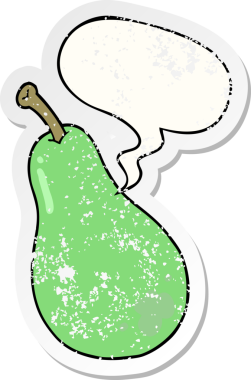 Konuşma baloncuğu olan çizgi film armudu bir insan tarafından çizilmiş sıkıntılı eski bir çıkartma