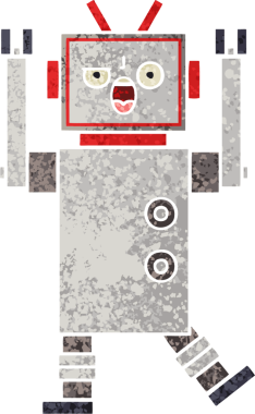 Bir insan tarafından çizilmiş kızgın bir robotun retro çizim tarzı karikatürü