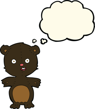 Bir insan tarafından çizilmiş düşünce baloncuklu sevimli siyah ayı çizgi filmi.