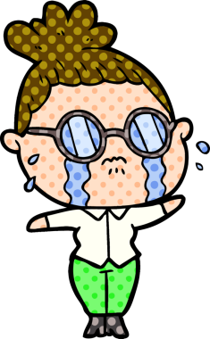 Bir insan tarafından çizilmiş gözlüklü, ağlayan bir kadın.