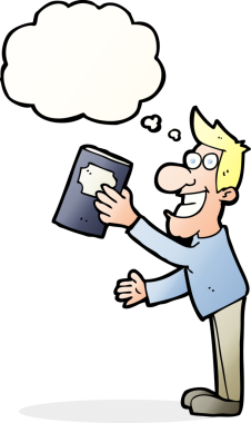 Bir insan tarafından çizilmiş düşünce balonlu kitaplı çizgi film adamı.