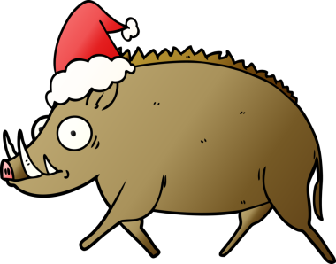 Bir insan tarafından çizilmiş Noel Baba şapkası giymiş bir yaban domuzu çizimi.