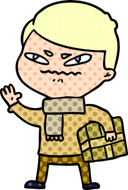 Bir insan tarafından çizilmiş paketi taşıyan kızgın bir adam.