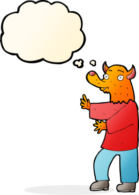 Bir insan tarafından çizilmiş düşünce baloncuklu çizgi film tilkisi.