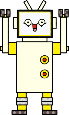 Bir insan tarafından çizilmiş mutlu bir robotun çizgi romanı.