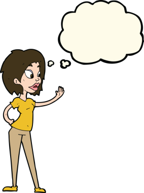 Bir insan tarafından çizilmiş düşünce baloncuğuyla el sallayan çizgi film kadını.