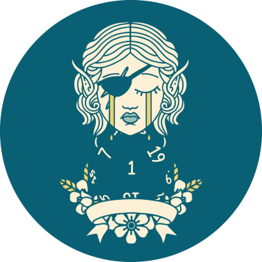 Retro Dövme Tarzı Ağlayan Elf Haydut Karakteri Bir insan tarafından çizilmiş doğal bir D20 rulosu