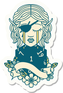 Ağlayan bir elf karakterinin çıkartması. İnsan tarafından çizilmiş doğal bir D20 yuvarlak yüzlü.