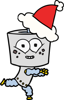 Bir insan tarafından çizilmiş Noel Baba şapkası takan bir robotun çizdiği mutlu el çizimi.
