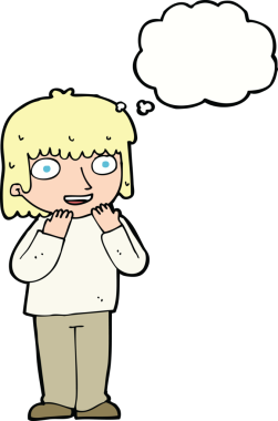 Bir insan tarafından çizilmiş düşünce baloncuğu olan heyecanlı bir karikatür.