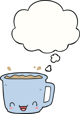 Bir insan tarafından çizilmiş düşünce baloncuklu kahve fincanı.