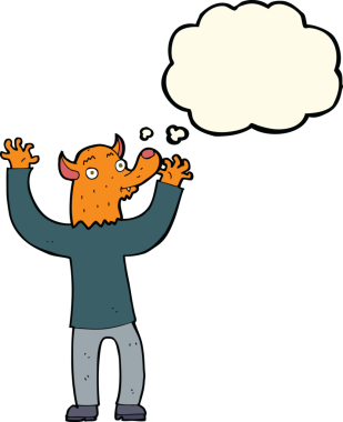 Bir insan tarafından çizilmiş düşünce balonlu mutlu tilki adam.