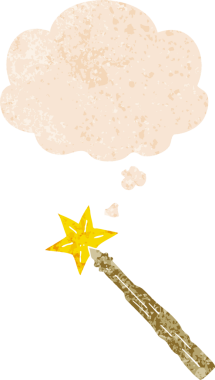 Düşünce baloncuklu çizgi film sihirli değneği grunge sıkıntılı retro dokuma tarzı bir insan tarafından çizilmiş