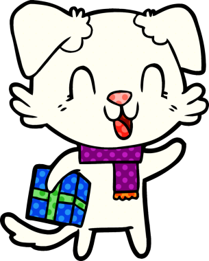 Bir insan tarafından çizilmiş, gülen bir çizgi film köpeği.