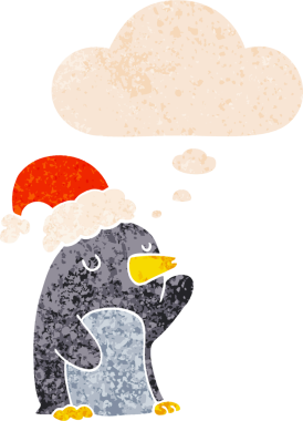 Hoş bir karikatür pengueni. Düşünce baloncuğu ve grunge dertli retro tarzı bir insan tarafından çizilmiş.