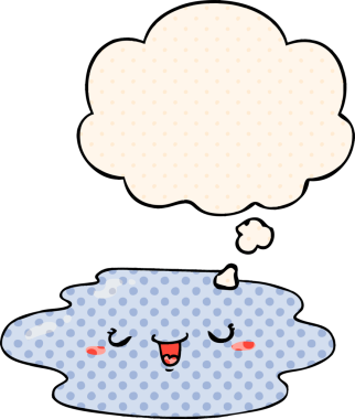 Çizgi roman tarzında bir insan tarafından çizilmiş, yüzünde düşünce kabarcığı olan bir su birikintisi.