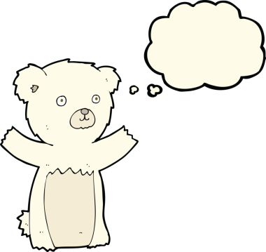 Bir insan tarafından çizilmiş düşünce baloncuklu şirin kutup ayısı.