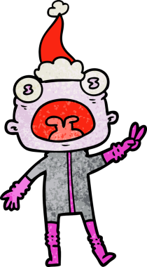 Bir insan tarafından çizilmiş Noel Baba şapkası giymiş garip bir uzaylının el çizimi karikatürü.