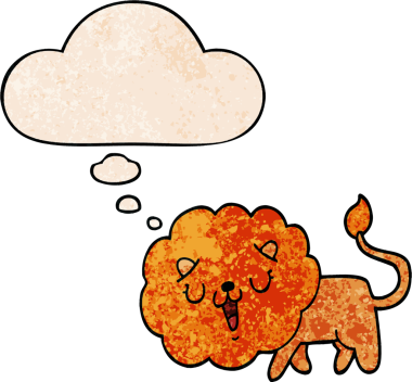 Bir insan tarafından çizilmiş grunge desenli düşünce baloncuğu olan sevimli çizgi film aslanı.