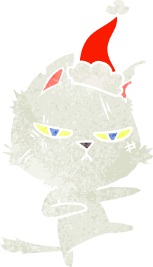 Sert el, bir insan tarafından çizilmiş Noel Baba şapkası takan bir kedinin eski çizgi filmini çizdi.