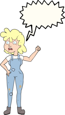 Serbest konuşma balonu çizen karikatür kadın bir insan tarafından çizilmiş yumruğu