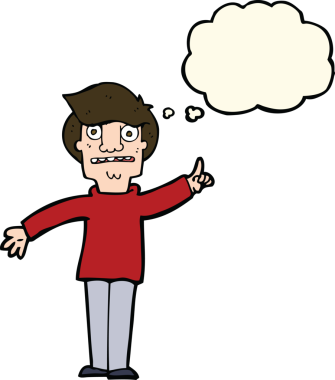 Çizgi filmci bir insan tarafından çizilmiş düşünce baloncuğuyla soru soruyor.