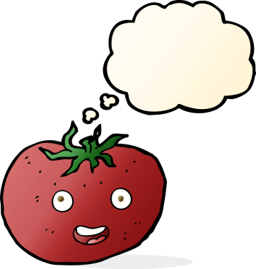 Bir insan tarafından çizilmiş düşünce baloncuklu domates.