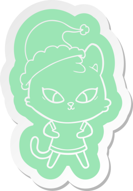 Bir insan tarafından çizilmiş Noel Baba şapkası takan bir kedinin komik çizgi film çıkartması.