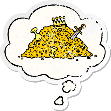 Düşünce baloncuklu bir hazine yığını insan tarafından çizilmiş yıpranmış bir çıkartma.