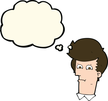 Bir insan tarafından çizilmiş düşünce baloncuğuyla gözlerini kısarak bakan çizgi film adamı.