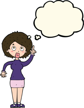 Bir insan tarafından çizilmiş düşünce baloncuğu fikri olan karikatür kadın.