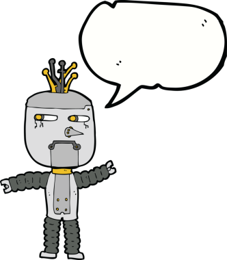 Bir insan tarafından çizilmiş konuşma balonlu çizgi film sallayan robot.