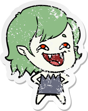 Bir insan tarafından çizilmiş gülen vampir kız çizgi filminin sıkıntılı çıkartması.