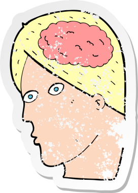 Bir insan tarafından çizilmiş beyin sembolü olan karikatür kafasının gerilimli retro yapıştırması