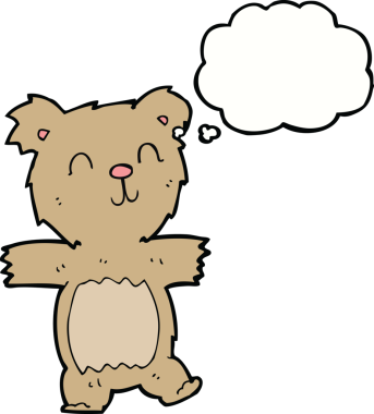 Bir insan tarafından çizilmiş düşünce baloncuklu şirin oyuncak ayı.