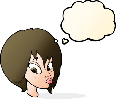 Bir insan tarafından çizilmiş düşünce baloncuğuyla somurtan güzel kadın yüzü.