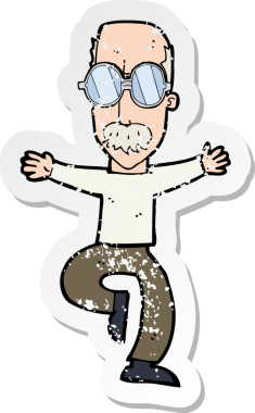 Bir insan tarafından çizilmiş büyük gözlüklü yaşlı bir adamın karikatür yapıştırması.