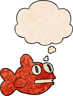 Bir insan tarafından çizilmiş grunge desenli düşünce baloncuklu çizgi film balığı.