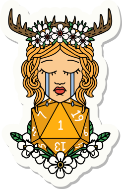 Ağlayan insan bir Druid 'in çıkartması. Bir insan tarafından çizilmiş doğal bir D20 rulosu.