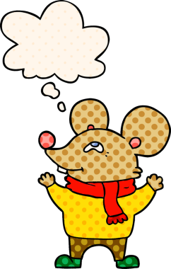 Çizgi roman tarzında bir insan tarafından çizilmiş, üzerinde düşünce kabarcığı olan eşarp takan çizgi roman faresi.