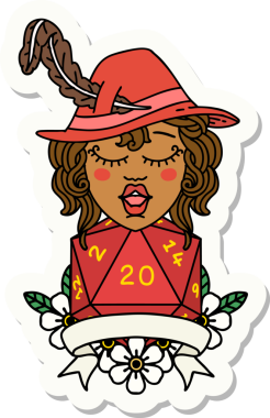 Bir insan ozan karakterinin çıkartması. Bir insan tarafından çizilmiş doğal 20 zar.