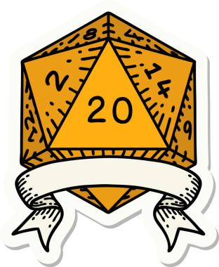 Bir insan tarafından çizilmiş 20 kritik vuruşluk D20 zar etiketi.